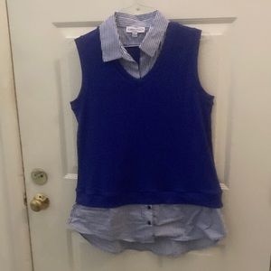 2 in 1 ribbed solid blue v neck top with blue striped collar & layered hem
